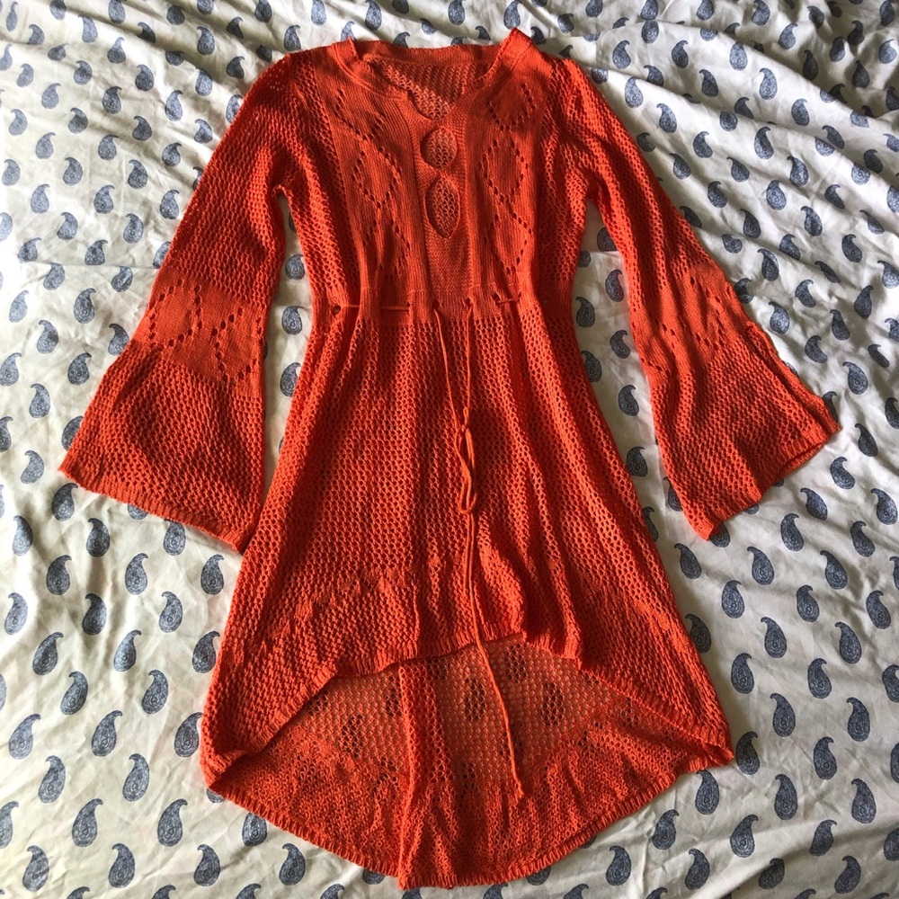 Orange crochet cover up asymmetrical dress